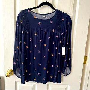 Old Navy lace-trim balloon-sleeved blouse blue women’s size medium floral